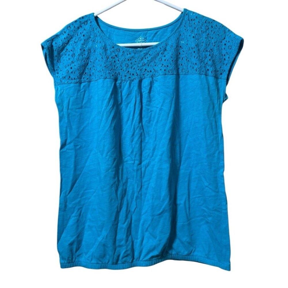 St. Johns Bay Women’s Crew Neck Short Sleeve Shirt Size Medium Crocheted‎ Blue